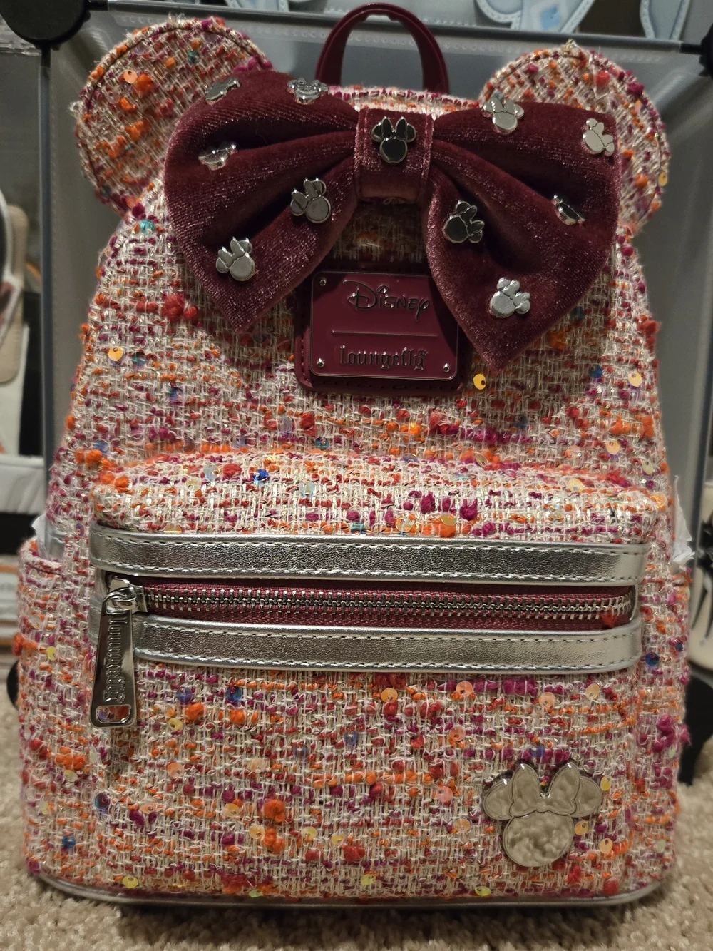 Loungefly Tweed Minnie Ear Mini Backpack in Pink, Burgundy & Orange